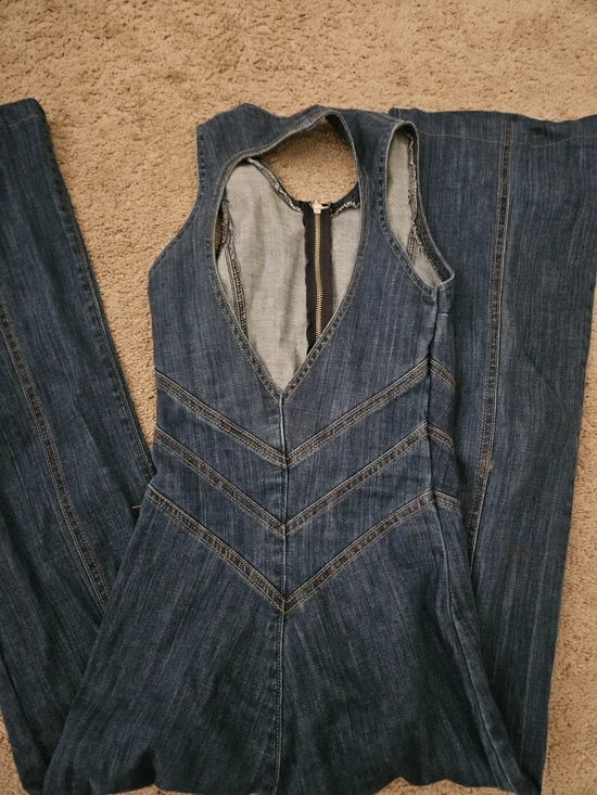 REVICE Indigo Blue Denim Flare Heart Jumpsuit - Picture 5 of 8